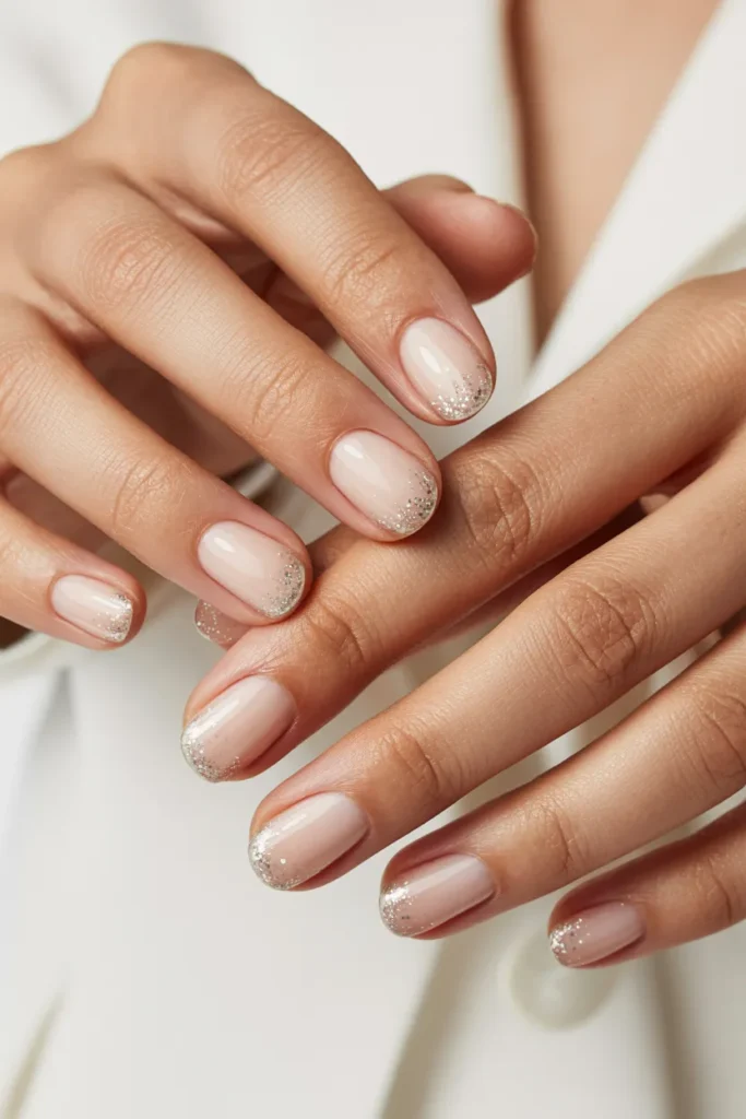 Nude Nails with Silver Glitter Tips