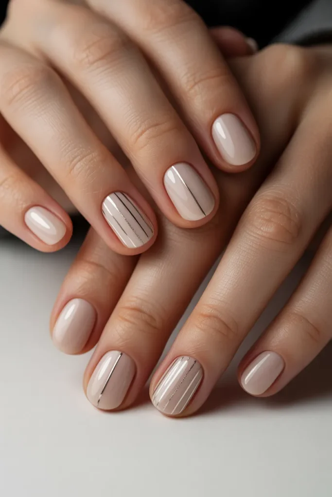 Nude Nails with Subtle Silver Lines