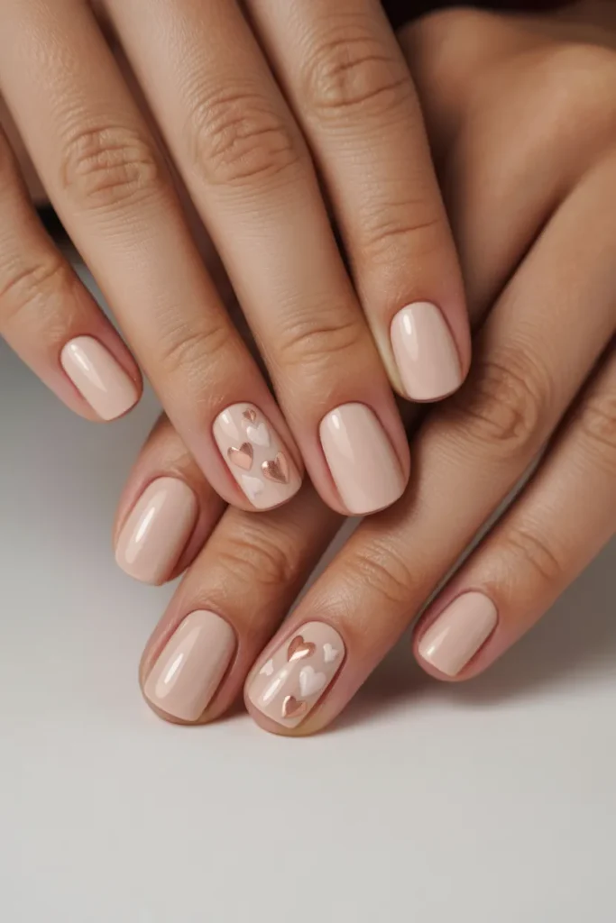 Nude Nails with Tiny Heart Accents