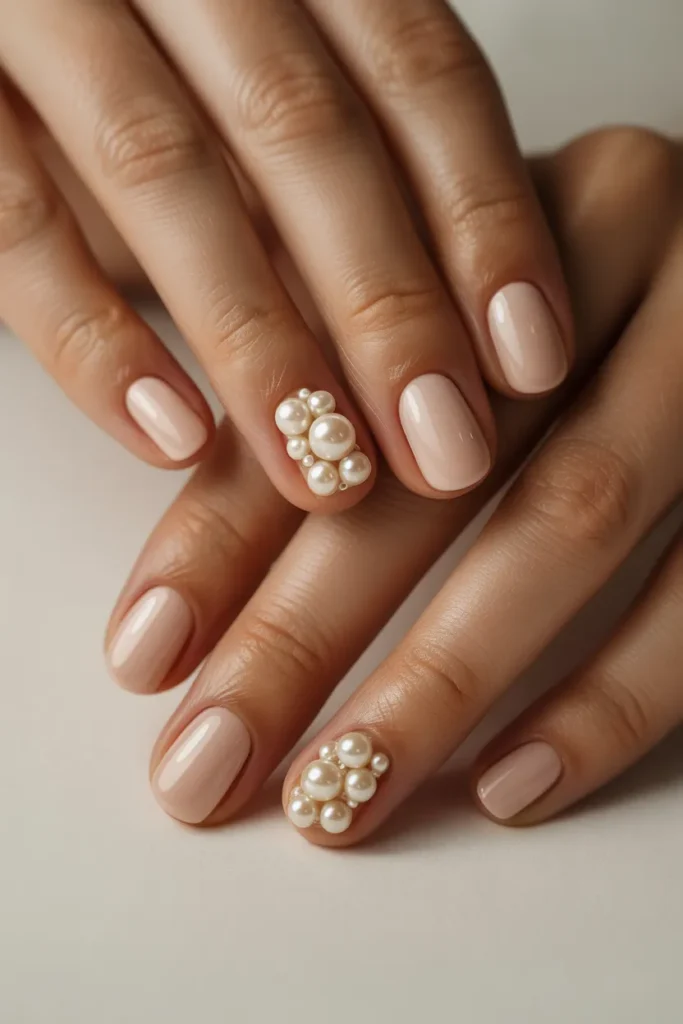 Nude Nails with Tiny Pearl Accents