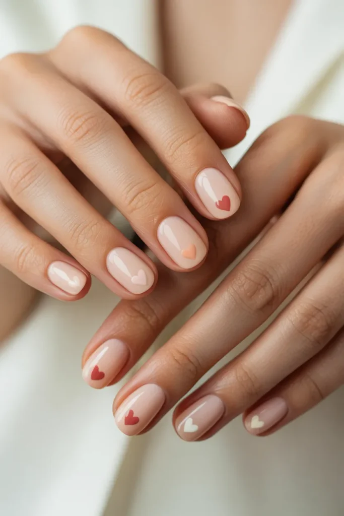 Nude Short Nails with Tiny Heart Accents