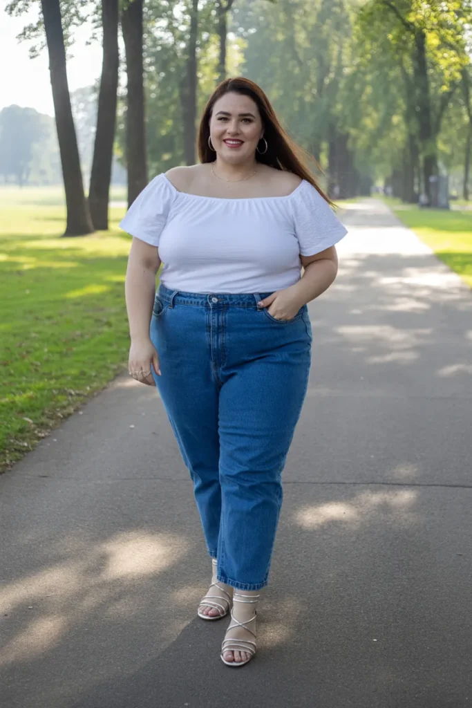 Off-Shoulder Top with High-Waisted Jeans