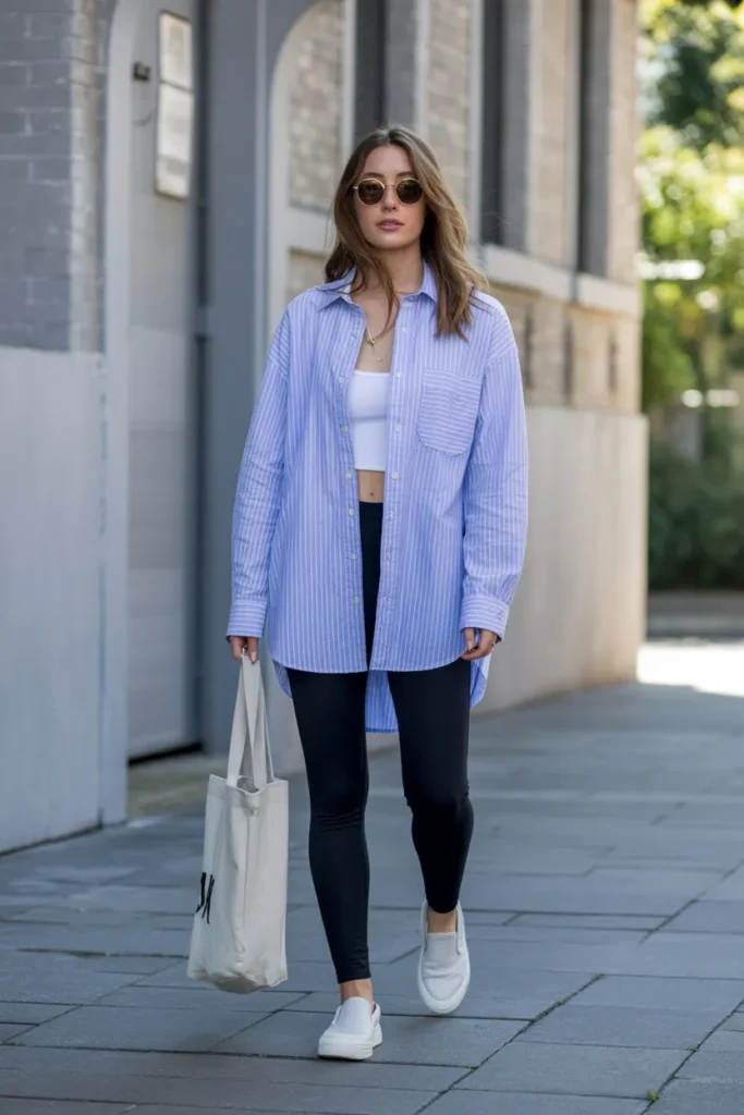 Oversized Button-Up Shirt with Leggings