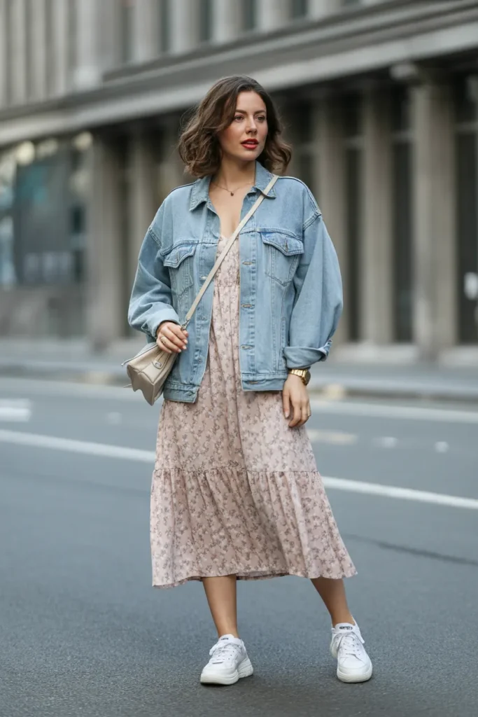 Oversized Denim Jacket with Midi Dress
