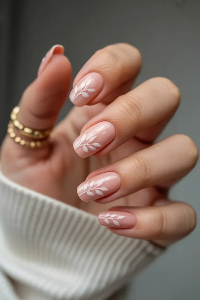 Pale Coral Acrylic Nails with Tiny Leaf Designs
