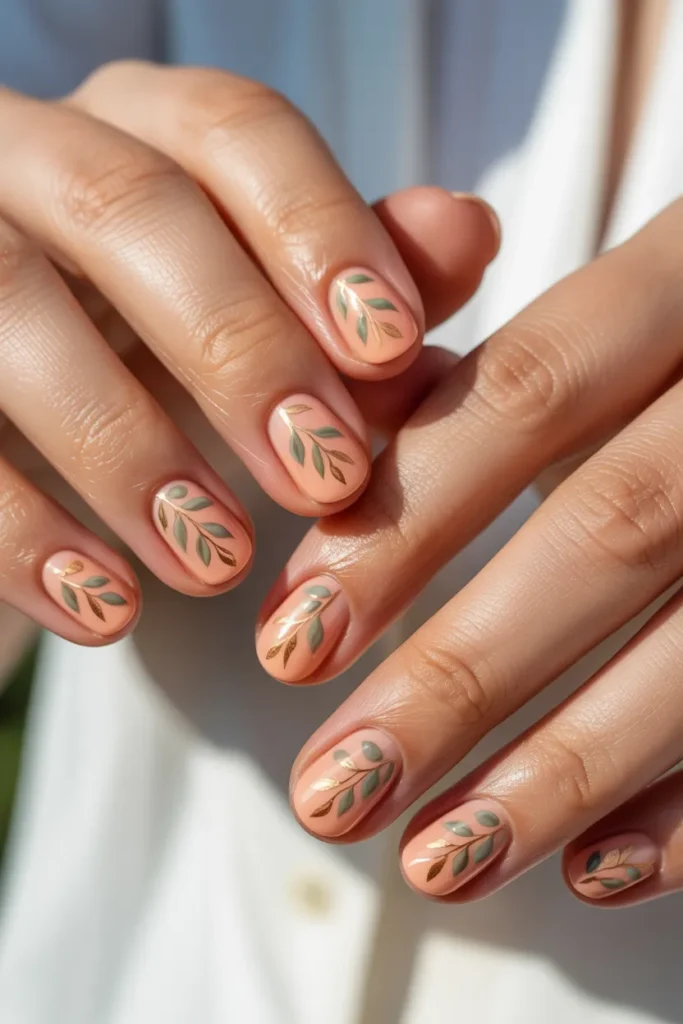 Pale Coral Nails with Tiny Leaf Designs