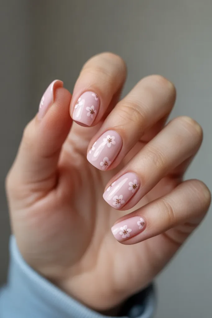 Pastel Pink Square Nails with Tiny Floral Accents