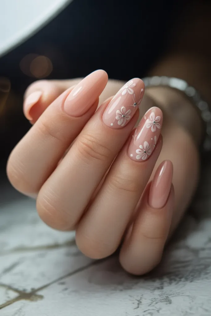 Peach Acrylic Nails with Tiny Floral Accents