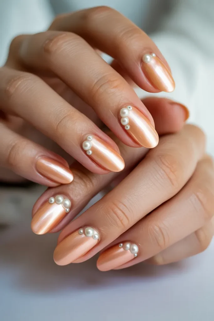 Peach Nude Almond Nails With Pearl Details