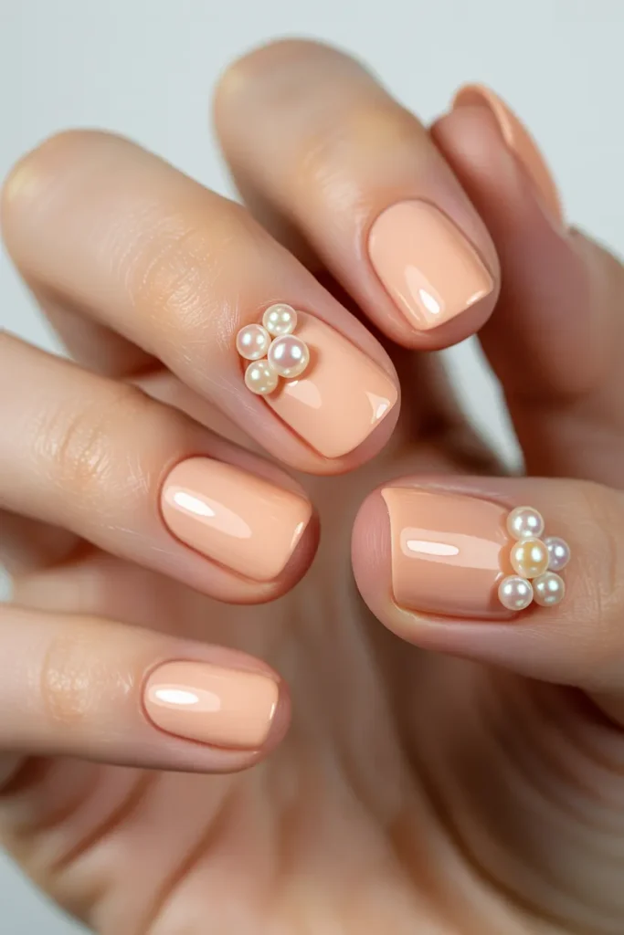 Peachy Nude Nails With Tiny Pearls