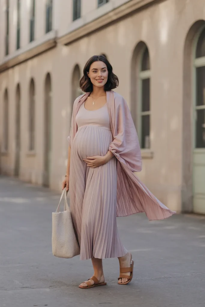Pleated Maternity Dress with Lightweight Scarf