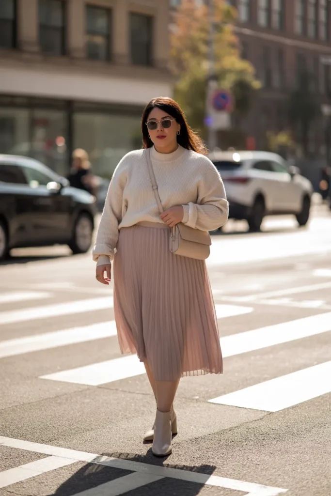 Pleated Midi Skirt with Fitted Sweater