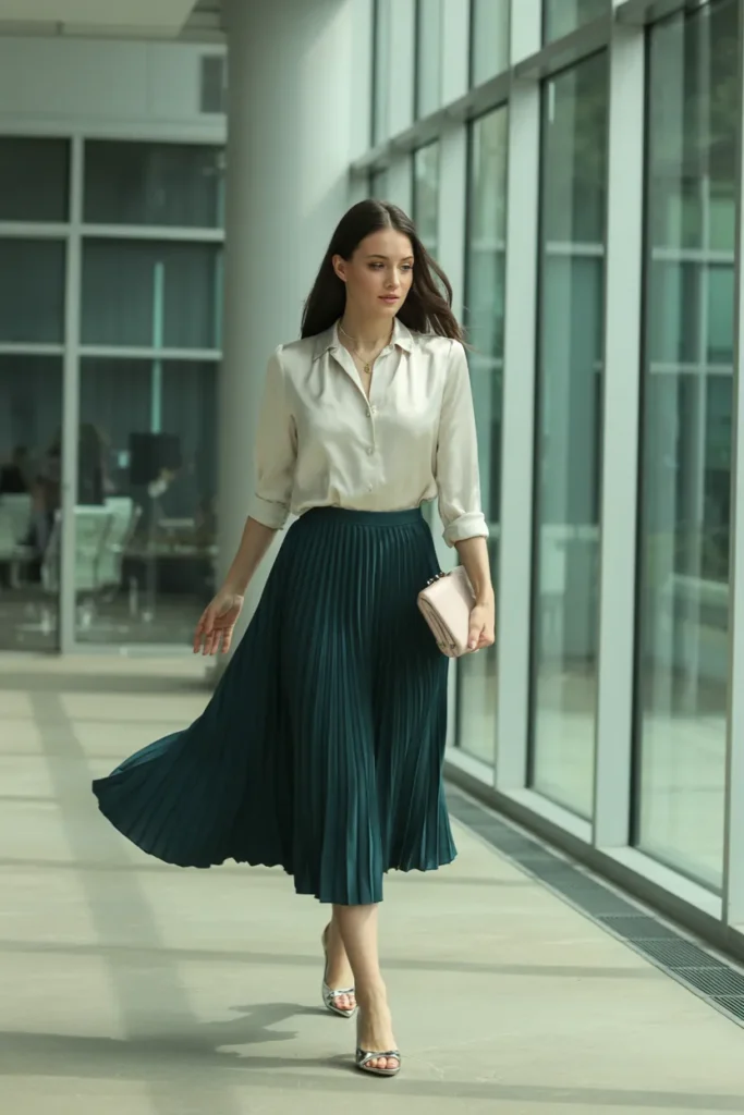 Pleated Midi Skirt with Silk Blouse