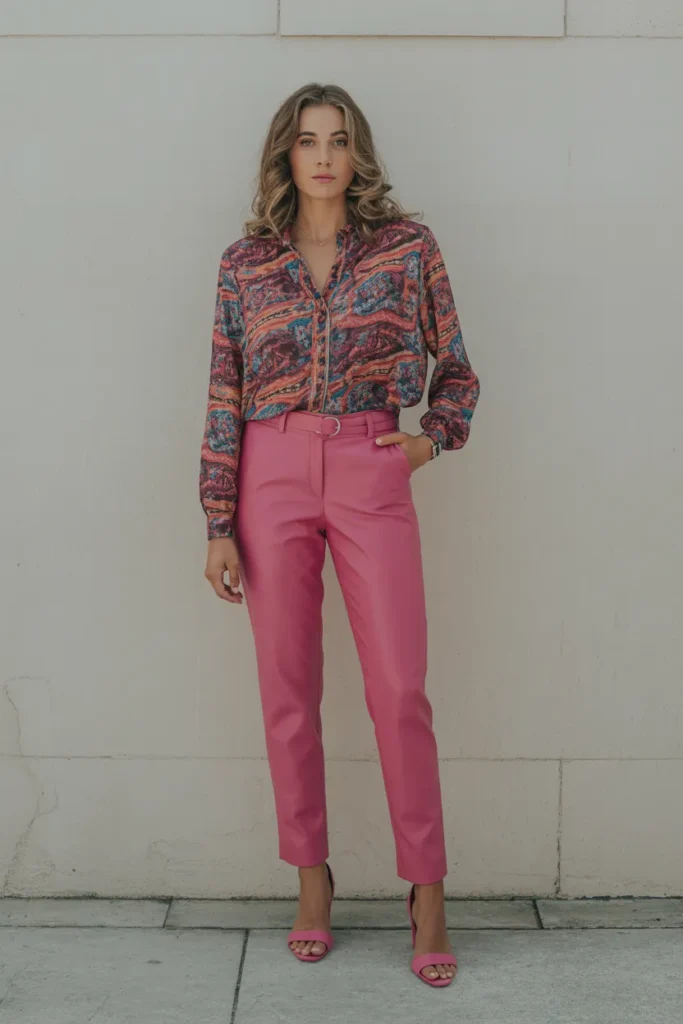 Printed Blouse with Slim Trousers