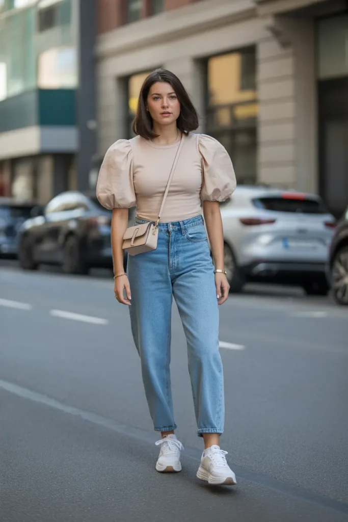 Puff Sleeve Top with High-Waist Jeans
