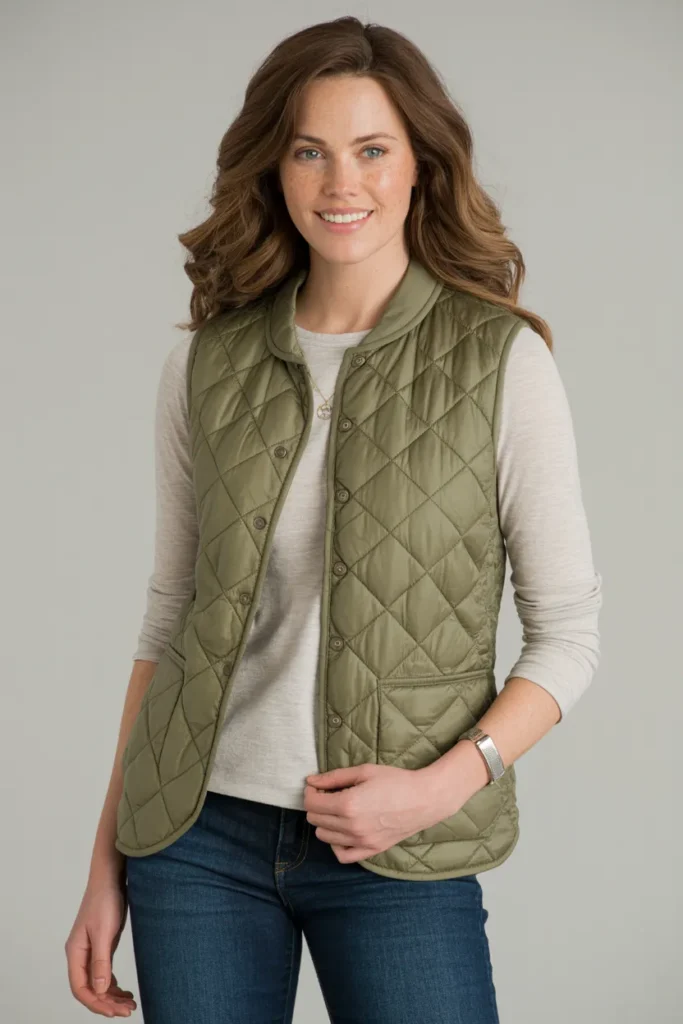 Quilted Vest with Long-Sleeve Shirt and Jeans