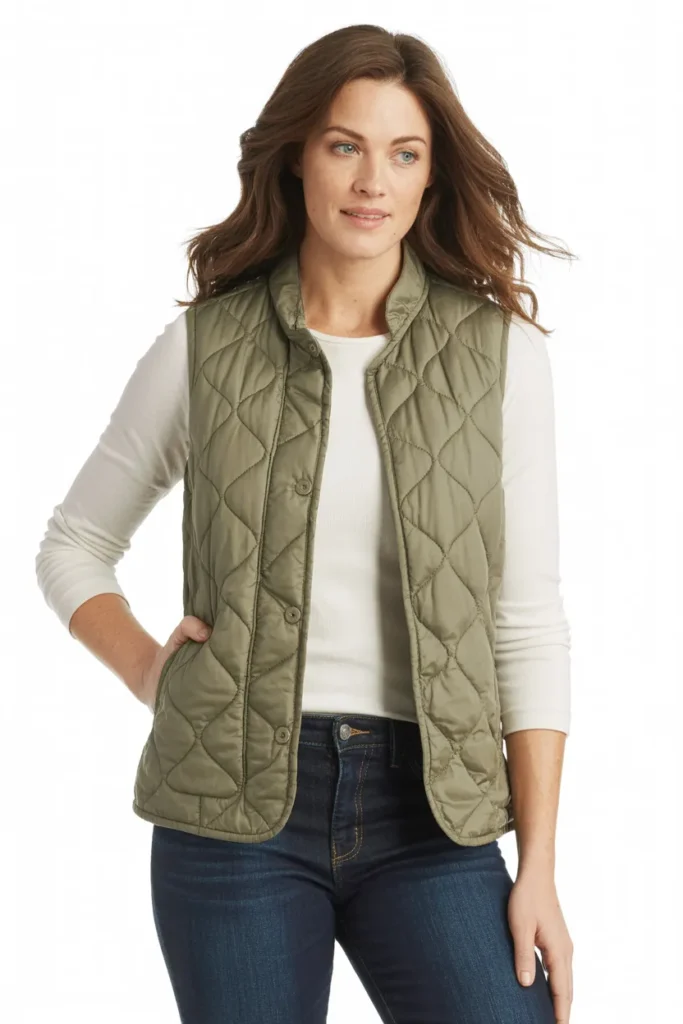 Quilted Vest with Long-Sleeve Top and Jeans