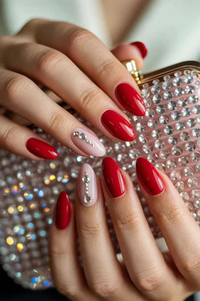 Red Nails with Rhinestone Embellishments for Glamour