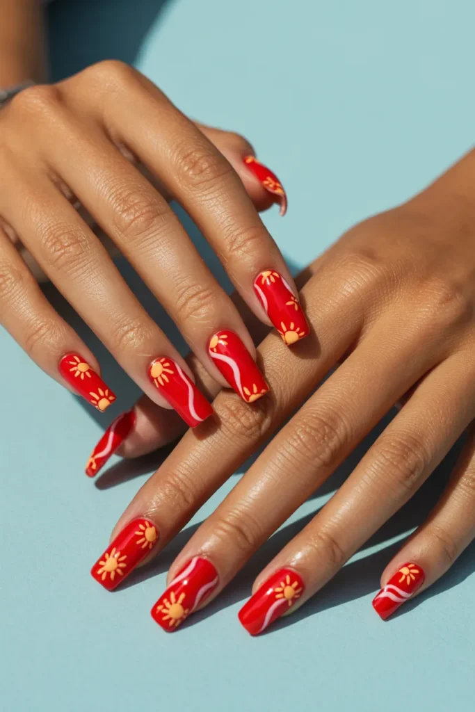Red Nails with Summer-Inspired Patterns and Shapes