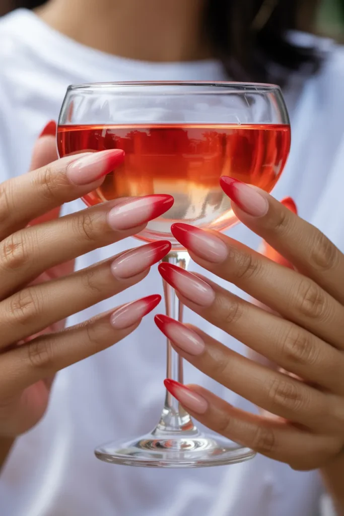 Red Ombre Nails Blending Into Nude Shades