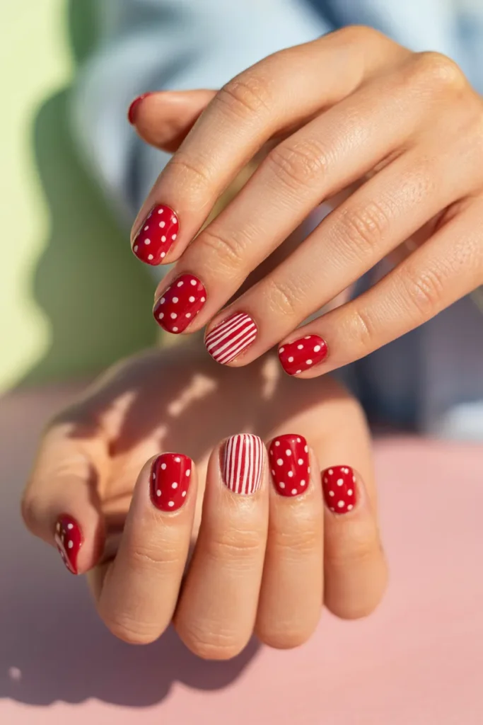 Red Polka Dots and Stripes for Fun Nails