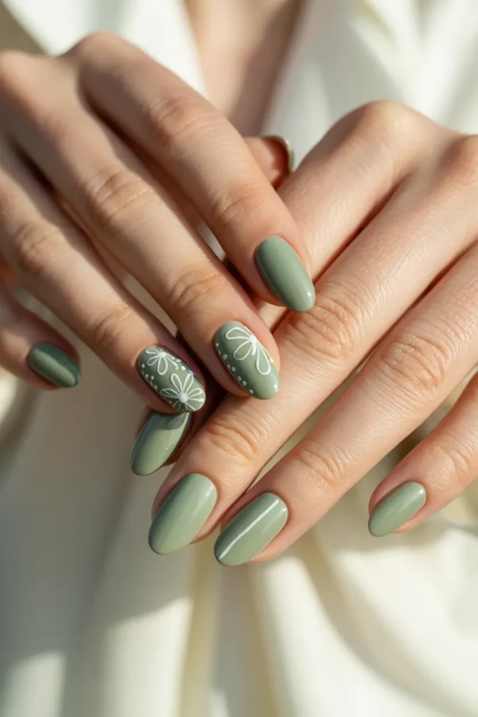 Sage Green Almond Nails With White Details