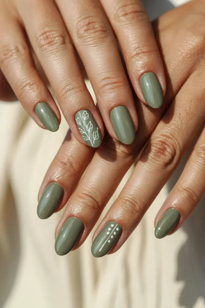 Sage Green Nails With White Accents