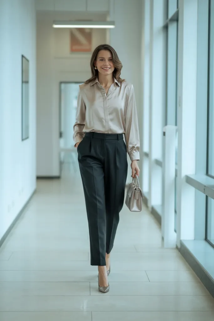 Satin Blouse with Tailored Black Trousers
