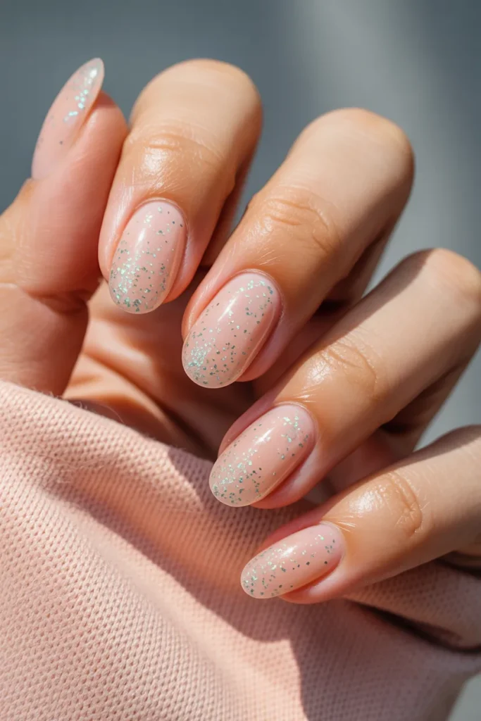 Sheer Peach Almond Nails With Micro Glitter