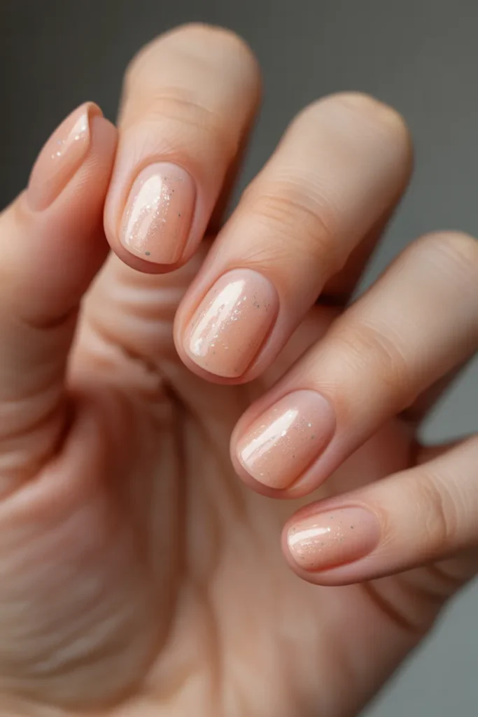Sheer Peach Nails With Micro Glitter
