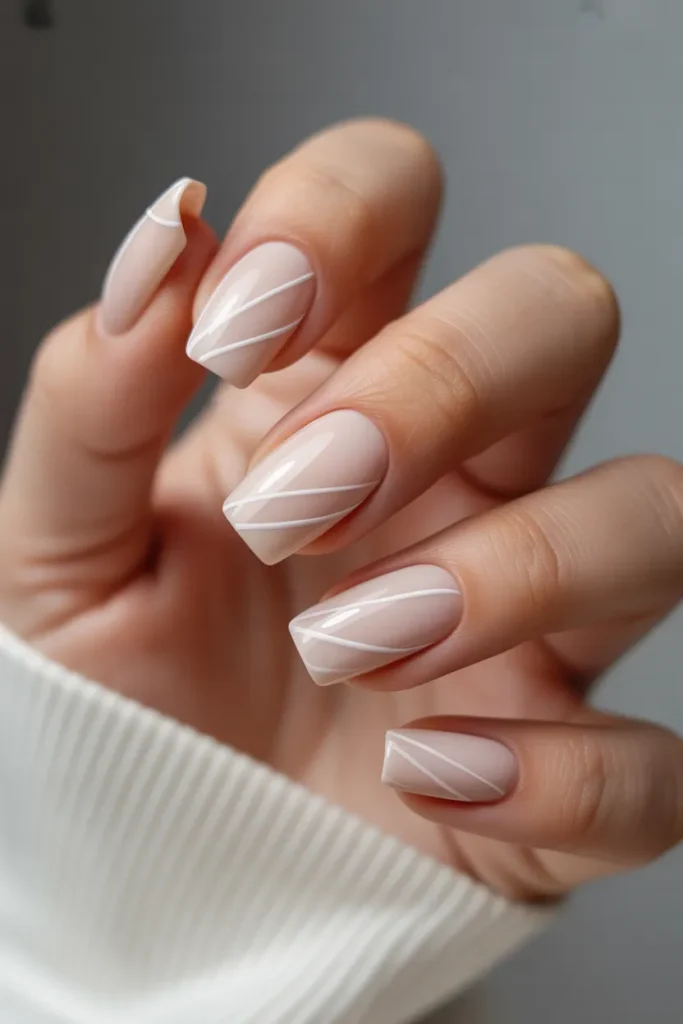 Soft Beige Acrylic Nails with Minimal White Lines