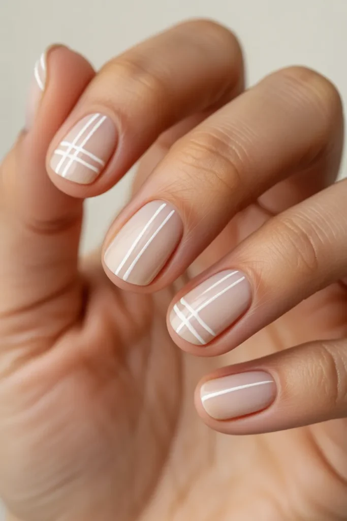 Soft Beige Nails with White Minimal Lines