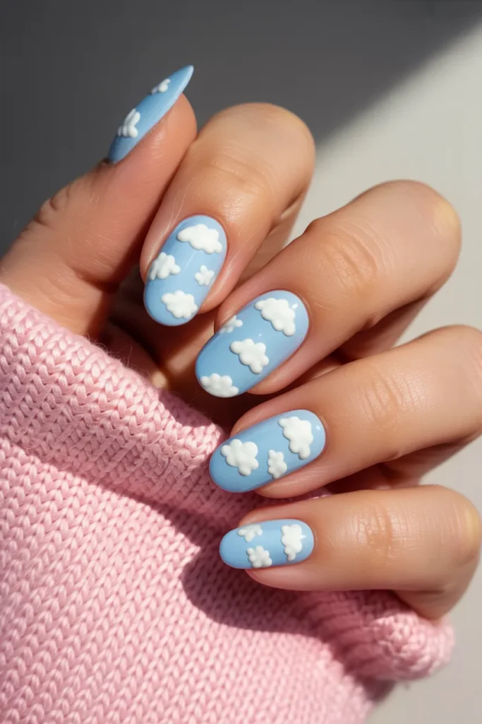 Soft Blue Almond Nails With Cloud Art