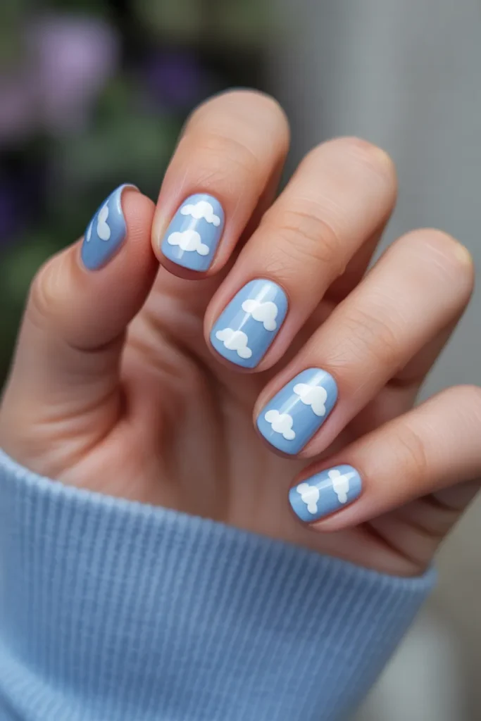 Soft Blue Nails With Cloud Art