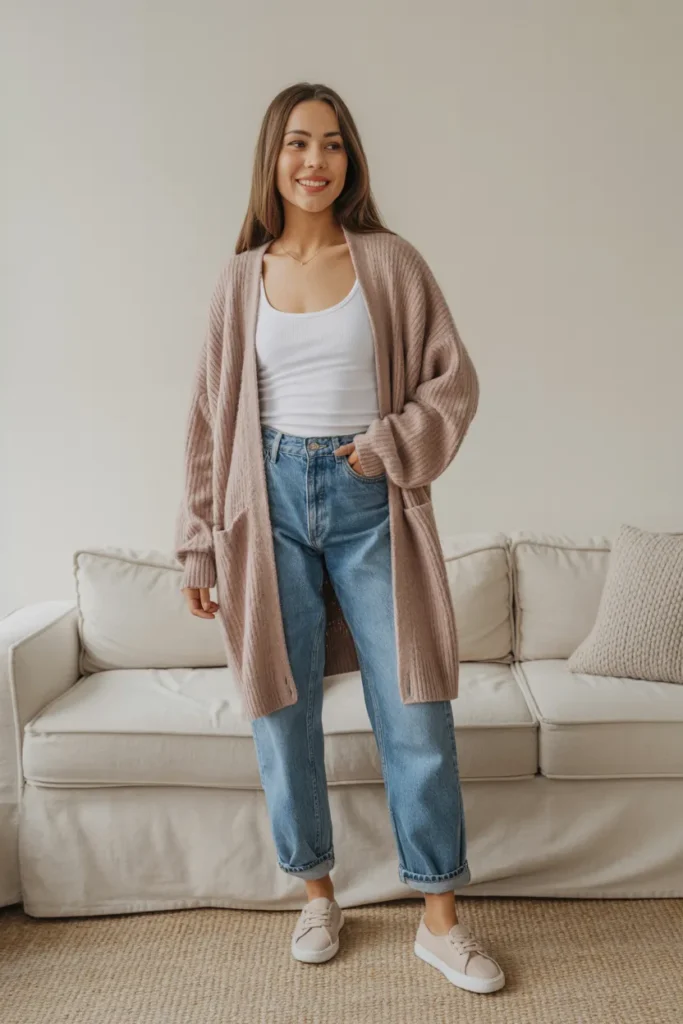 Soft Cardigan with Straight-Leg Jeans