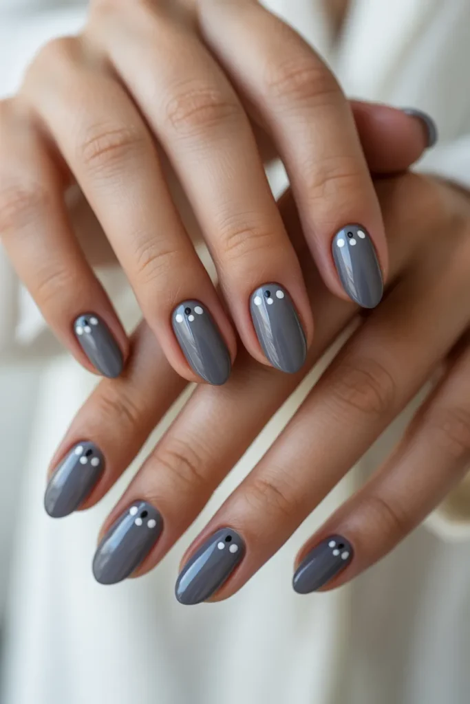 Soft Grey Almond Nails With Minimal Dots