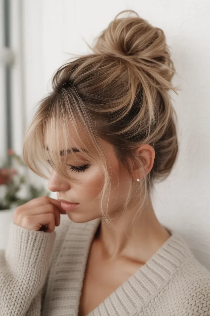 Soft High Messy Bun with Face-Framing Strands