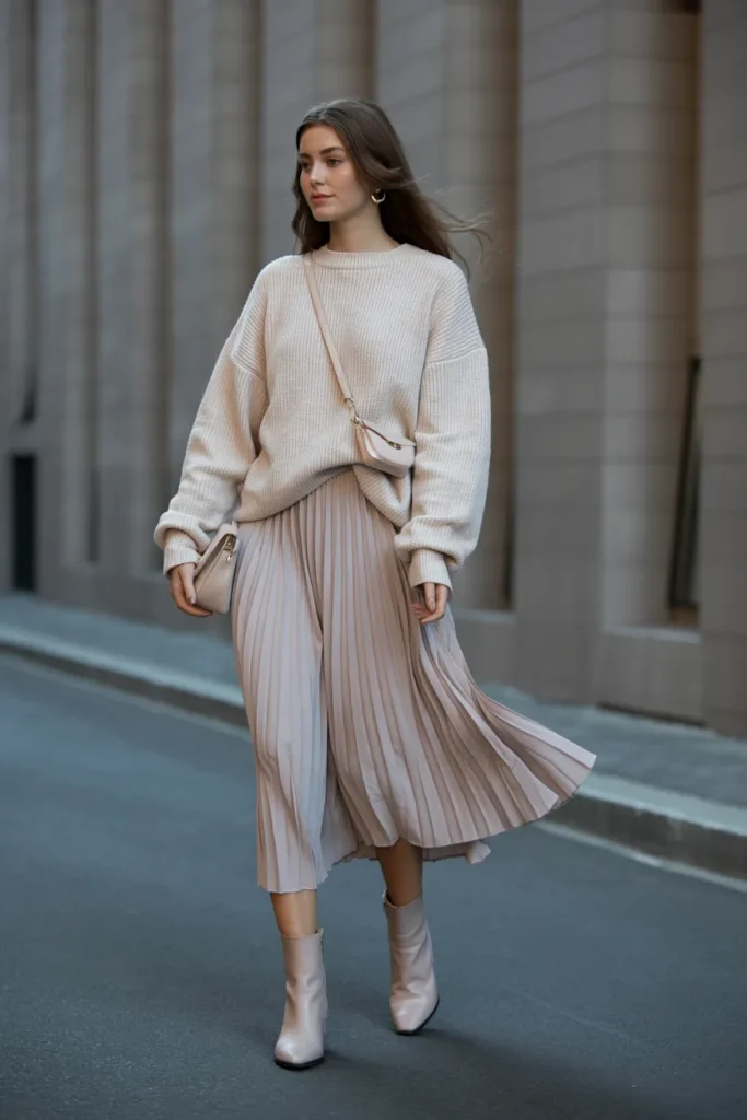 Soft Knit Sweater with Pleated Midi Skirt