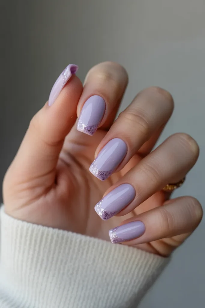 Soft Lavender Acrylic Nails with Glitter Tips
