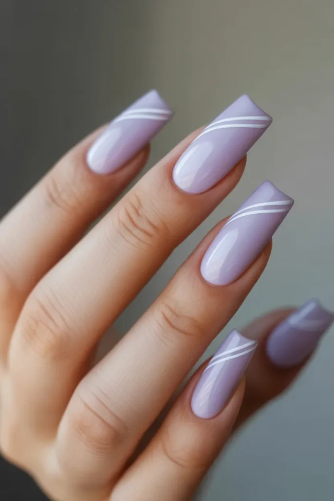 Soft Lilac Acrylic Nails with Minimal White Stripes