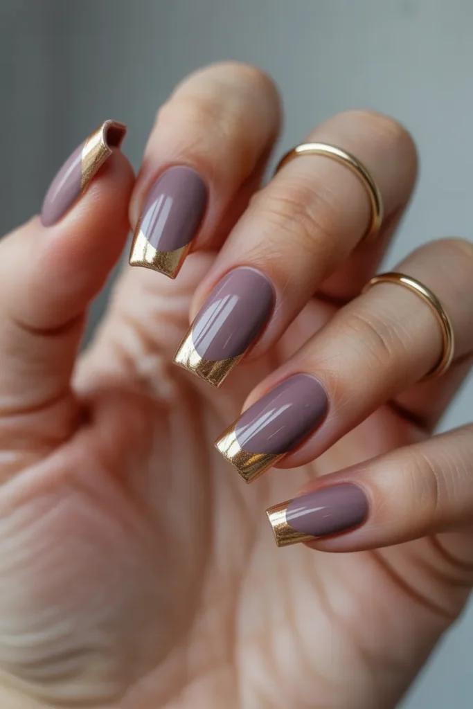 Soft Mauve Acrylic Nails with Tiny Gold Foil Tips