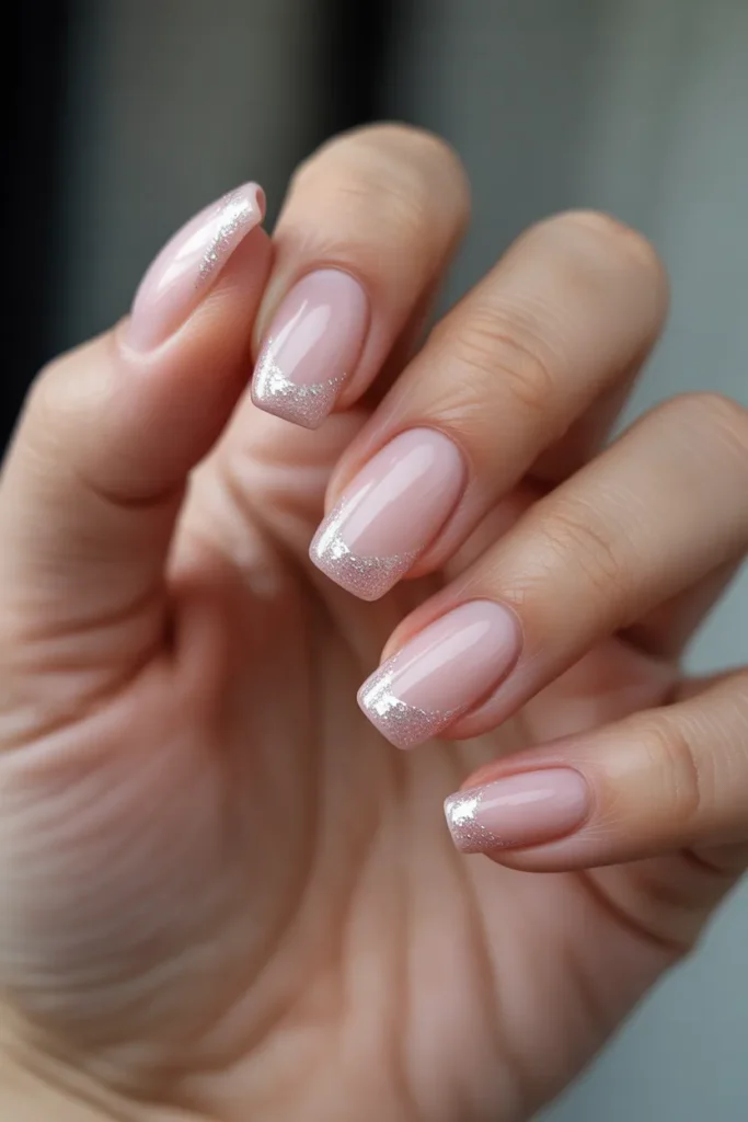 Soft Pink Acrylic Nails with Glitter Gradient