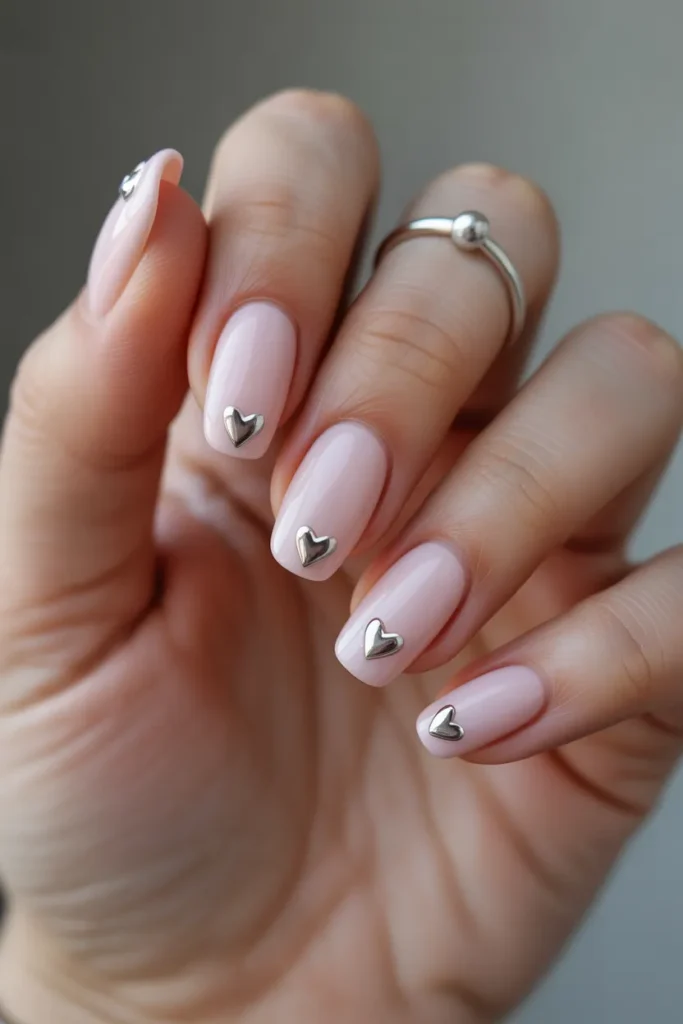 Soft Pink Acrylic Nails with Tiny Silver Hearts
