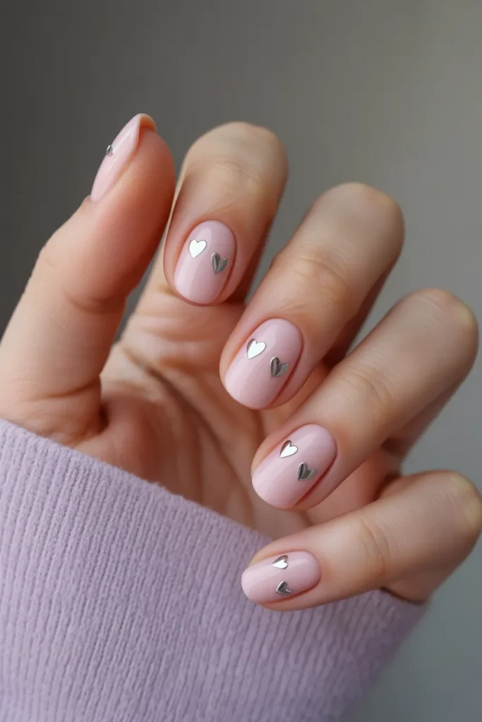 Soft Pink Nails with Tiny Silver Hearts