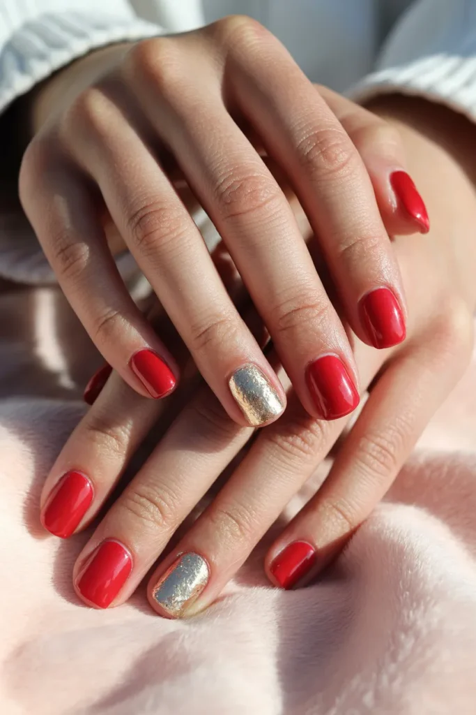 Square Red Nails with Metallic Foil Details