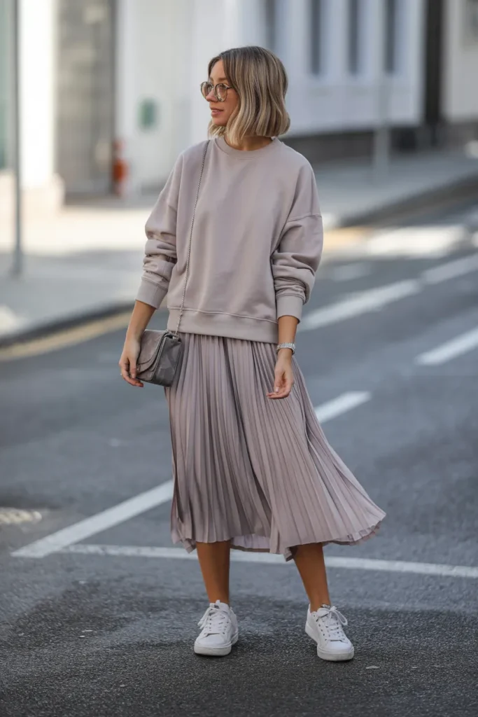 Sweatshirt with Pleated Midi Skirt