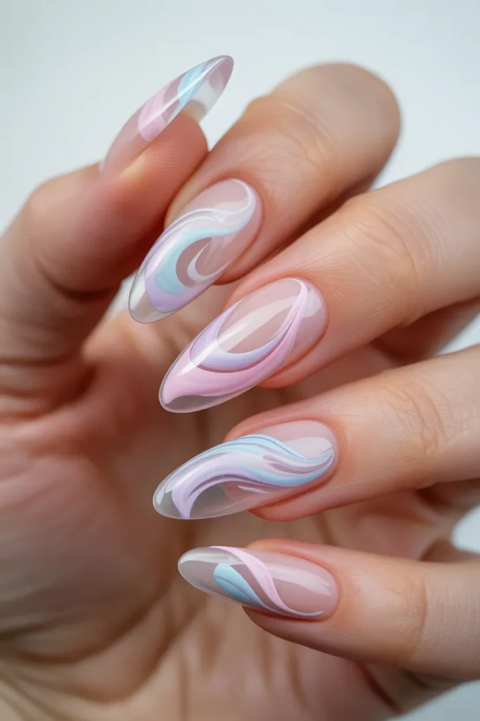 Transparent Almond Nails With Pastel Swirls