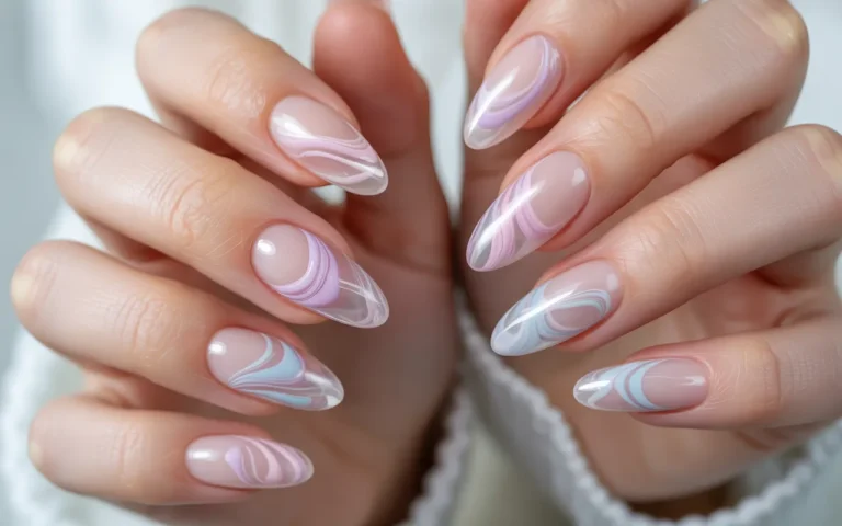 Transparent Almond Nails With Pastel Swirls,