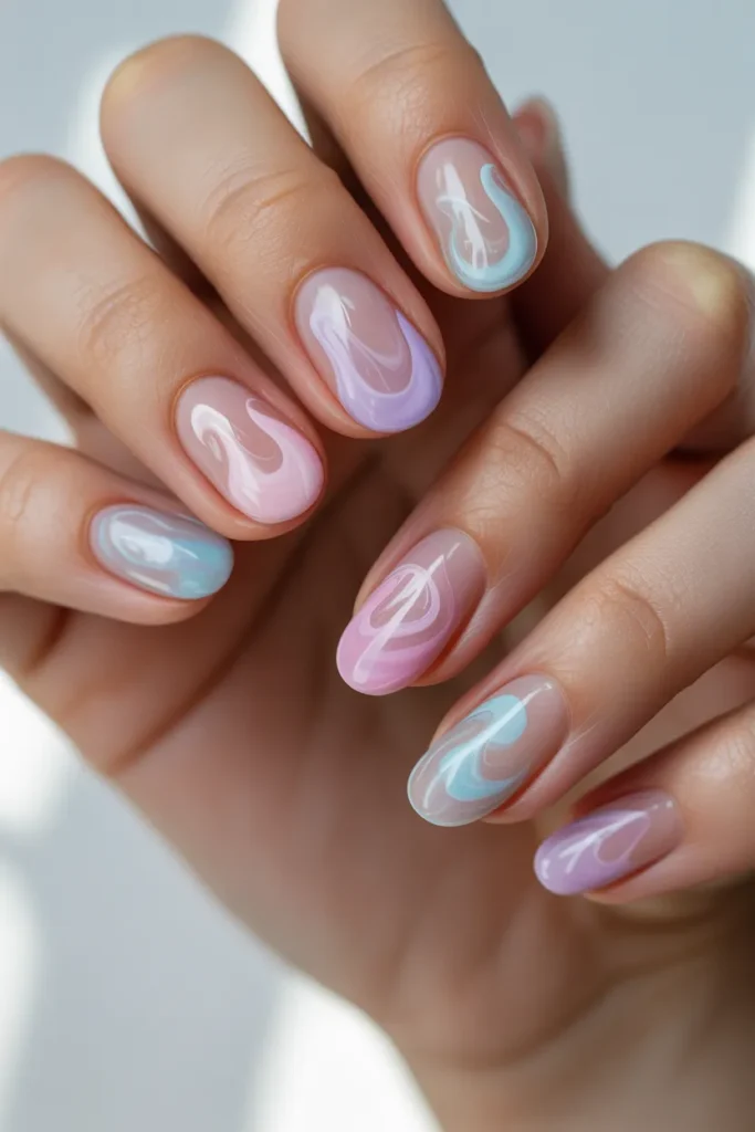 Transparent Nails With Pastel Cloud Swirls