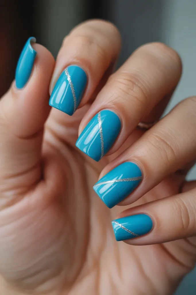 Turquoise Square Nails with Glitter Lines